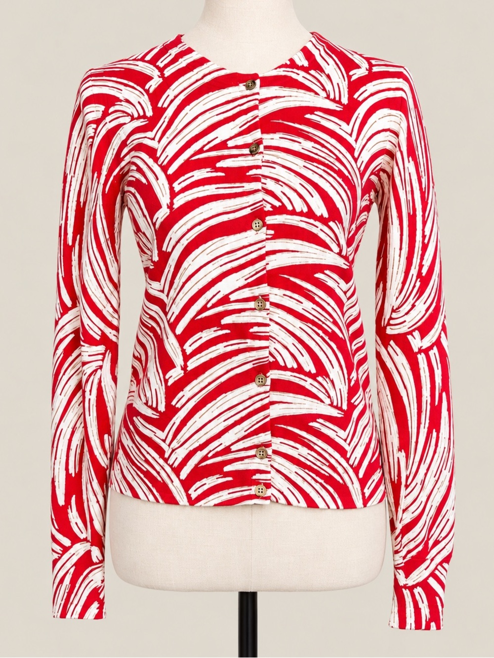 J.Crew Red White Gold Merino Wool Cardigan XS Abstract Print Sweater